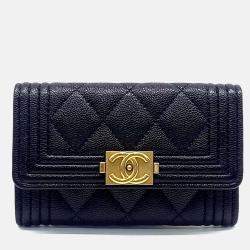 Pre Owned Chanel Black Leather Caviar Boy Card Holder