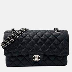 Pre Owned Chanel Black Leather Caviar Classic Medium