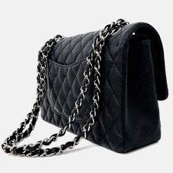 Pre Owned Chanel Black Leather Caviar Classic Medium