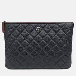 Pre Owned Chanel Black Leather Caviar Clutch New Medium
