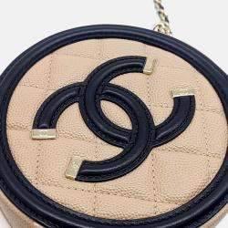 Pre Owned Chanel Beige Black Leather Caviar Round Mini Crossbody Bag