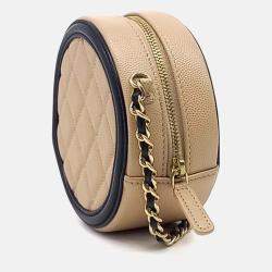 Pre Owned Chanel Beige Black Leather Caviar Round Mini Crossbody Bag