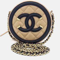 Pre Owned Chanel Beige Black Leather Caviar Round Mini Crossbody Bag