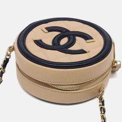 Pre Owned Chanel Beige Black Leather Caviar Round Mini Crossbody Bag