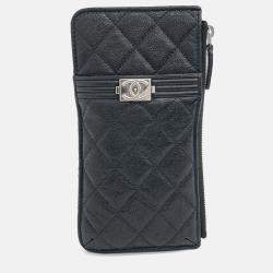 Pre Owned Chanel Black Caviar Leather Caviar Boy Phone Holder and Card Wallet