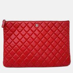 Pre Owned Chanel Red Leather Caviar Clutch Large