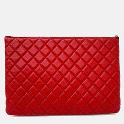 Pre Owned Chanel Red Leather Caviar Clutch Large