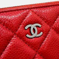 Pre Owned Chanel Red Leather Caviar Clutch Large