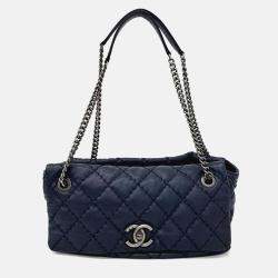 Pre Owned Chanel Navy Blue Leather Wild Stitch Chain Shoulder Bag
