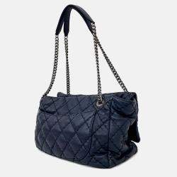 Pre Owned Chanel Navy Blue Leather Wild Stitch Chain Shoulder Bag