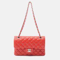 Pre Owned Chanel Classic Double Flap Medium Red Leather Shoulder Bag