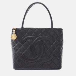 Pre Owned Chanel Medallion Black Caviar Leather Tote Bag