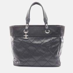 Pre Owned Chanel Paris Biarritz Black Quilted Coated Canvas Tote Bag