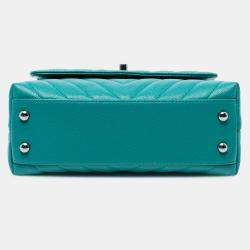 Pre Owned Chanel Blue Mini Chevron Caviar Coco Top Handle Bag