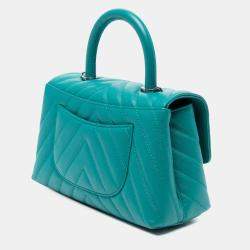 Pre Owned Chanel Blue Mini Chevron Caviar Coco Top Handle Bag