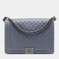 Pre Owned Chanel Grey Large Quilted Lambskin Boy Flap