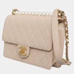 Pre Owned Chanel Beige Leather Chic Pearls Flap Bag