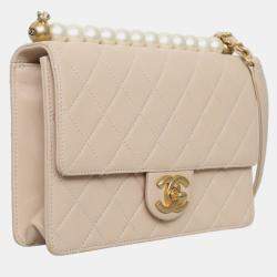 Pre Owned Chanel Beige Leather Chic Pearls Flap Bag