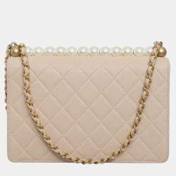 Pre Owned Chanel Beige Leather Chic Pearls Flap Bag