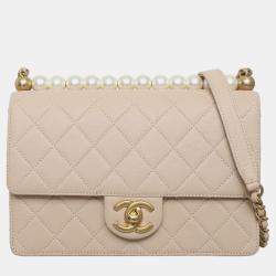 Pre Owned Chanel Beige Leather Chic Pearls Flap Bag