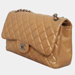 Pre Owned Chanel Brown Caviar Classic Jumbo Double Flap Bag