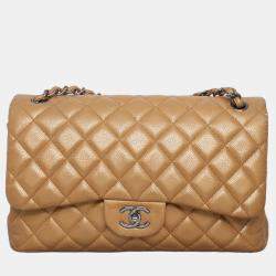 Pre Owned Chanel Brown Caviar Classic Jumbo Double Flap Bag