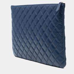 Pre Owned Chanel Blue Large Quilted Lambskin O Case Clutch
