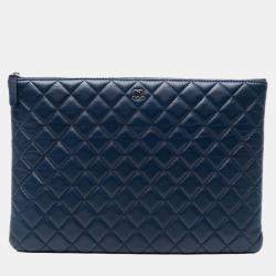 Pre Owned Chanel Blue Large Quilted Lambskin O Case Clutch