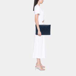 Pre Owned Chanel Blue Large Quilted Lambskin O Case Clutch