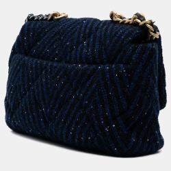 Pre Owned Chanel Blue Large Chevron Tweed Sequin 19 Flap