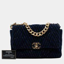 Pre Owned Chanel Blue Large Chevron Tweed Sequin 19 Flap