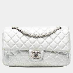 Pre Owned Chanel Silver Medium Classic Lambskin Double Flap