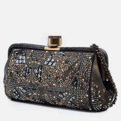 Pre Owned Chanel Black CC Glitter Lambskin Studded Frame Clutch on Chain