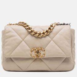 Pre Owned Chanel Beige Brown Medium Lambskin 19 Flap