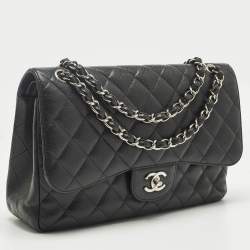 Pre Owned Chanel Black Quilted Caviar Leather Jumbo Classic Double Flap Bag