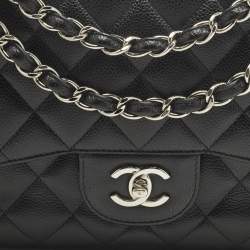 Pre Owned Chanel Black Quilted Caviar Leather Jumbo Classic Double Flap Bag