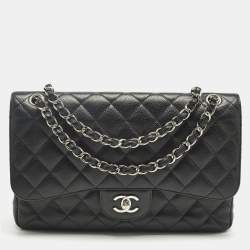 Pre Owned Chanel Black Quilted Caviar Leather Jumbo Classic Double Flap Bag