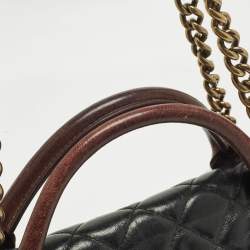Pre Owned Chanel Black/Burgundy Quilted Glazed Leather Medium Castle Rock Top Handle Bag