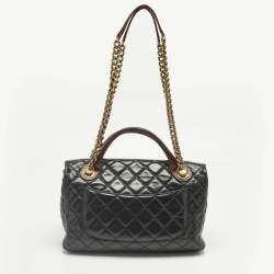 Pre Owned Chanel Black/Burgundy Quilted Glazed Leather Medium Castle Rock Top Handle Bag
