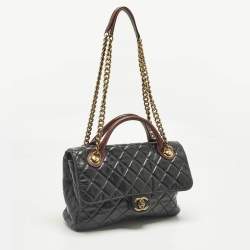 Pre Owned Chanel Black/Burgundy Quilted Glazed Leather Medium Castle Rock Top Handle Bag