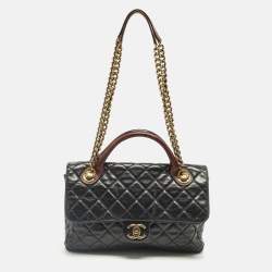 Pre Owned Chanel Black/Burgundy Quilted Glazed Leather Medium Castle Rock Top Handle Bag