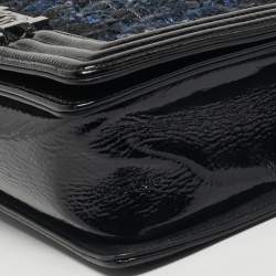 Pre Owned Chanel Black/Blue Quilted Patent Leather and Tweed Medium Boy Flap Bag