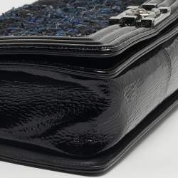 Pre Owned Chanel Black/Blue Quilted Patent Leather and Tweed Medium Boy Flap Bag
