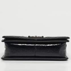 Pre Owned Chanel Black/Blue Quilted Patent Leather and Tweed Medium Boy Flap Bag