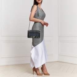 Pre Owned Chanel Black/Blue Quilted Patent Leather and Tweed Medium Boy Flap Bag