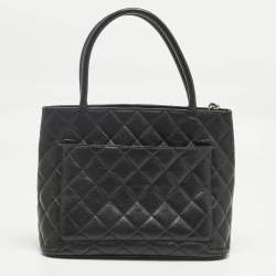 Pre Owned Chanel Black Quilted Caviar Leather Medallion Tote