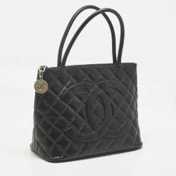 Pre Owned Chanel Black Quilted Caviar Leather Medallion Tote