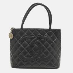Pre Owned Chanel Black Quilted Caviar Leather Medallion Tote