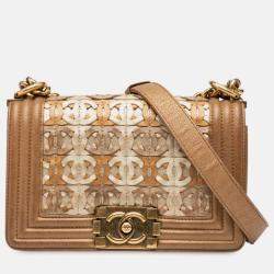 Pre Owned Chanel Brown Small Quilted Metallic Lambskin Interwoven CC Boy Flap