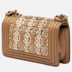 Pre Owned Chanel Brown Small Quilted Metallic Lambskin Interwoven CC Boy Flap